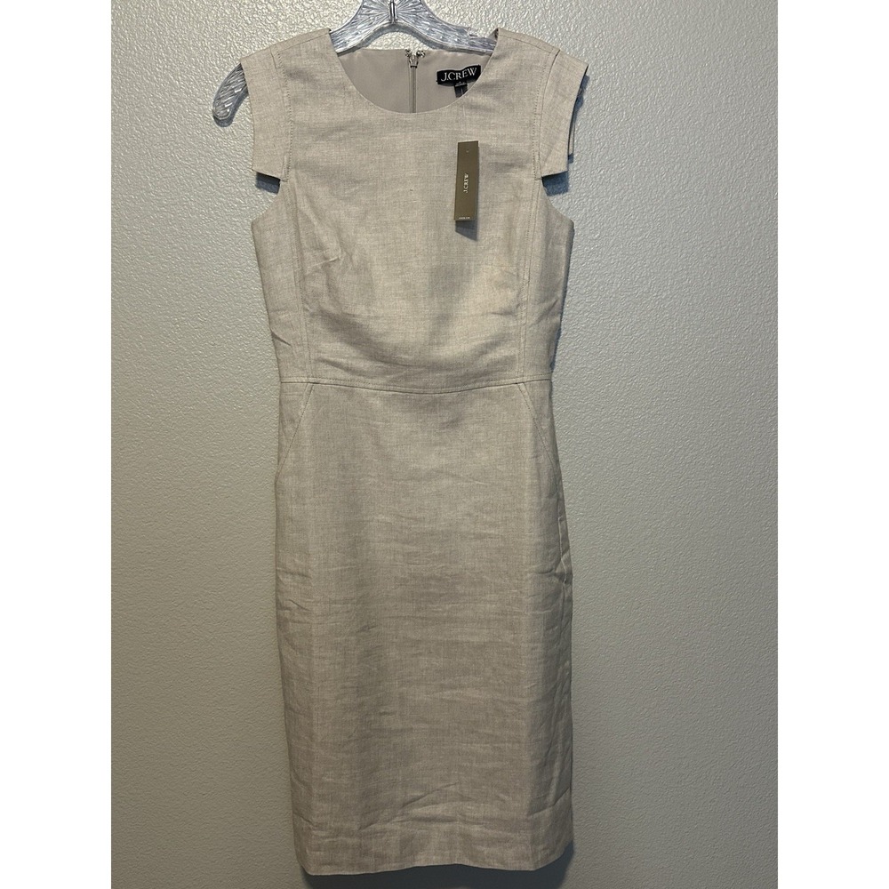 NWT  J.CREW Resume Sheath Dress sz.0 Flax Beige Stretch‎ Linen Cap Sleeve L6602 - Picture 3 of 9